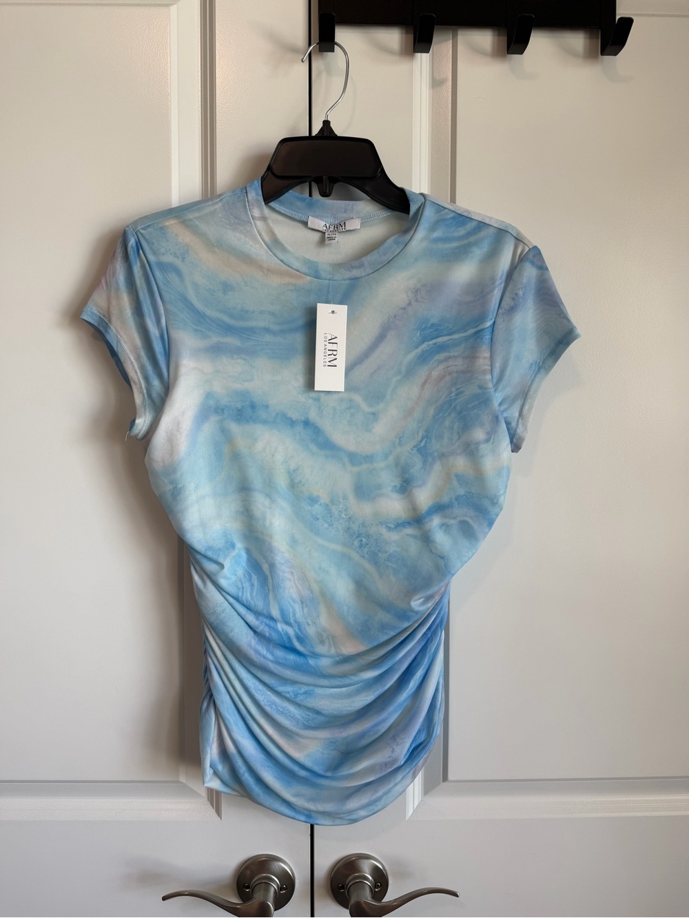 AFRM Los Angeles Mesh Ruched Cap Sleeve Top - Blue Pastel Marble Swirl
